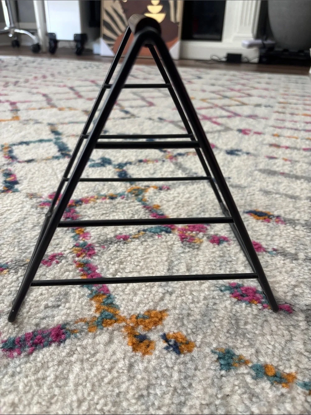 Modern Black Metal Triangle Magazine Rack with Brown Wood Shelves